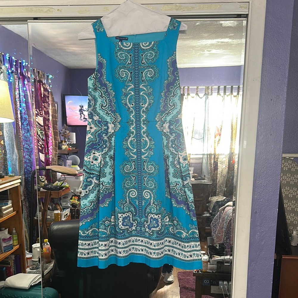 Talbots Blue Asymmetrical A-line Dress with Square Neck Sleeveless